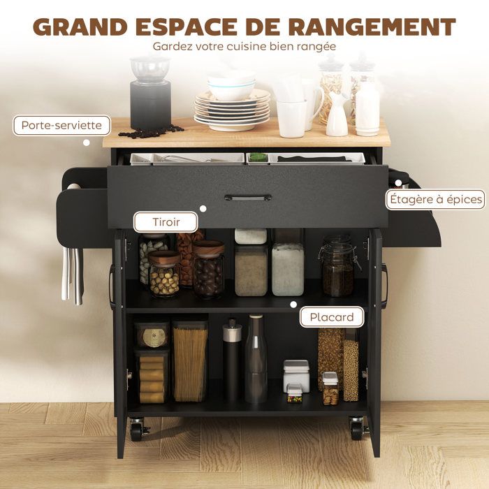 Dessert îlot De Cuisine Multi-rangements 1 Tiroirs 1 Placard 2 Portes Avec Etagere Reglable Porte Torchons Et Porte Epices Bois Blanc 91755836