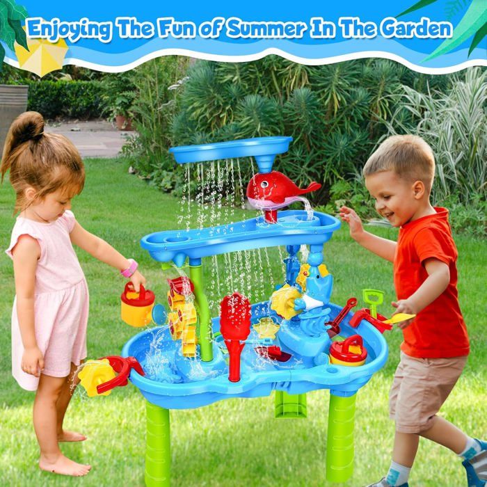 Table Eau Et Sable Enfant 100 Cm – Jeu D'Eau Extérieur Avec 37 Accessoires, Bateaux, Canaux, Écluses – Table Aquatique Extérieure Pour Enfants 3 Ans Et Plus, Apprentissage STEM Été