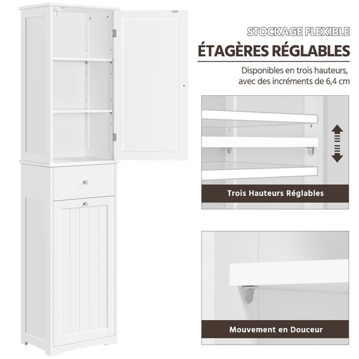 Yaheetech Meuble Colonne Salle De Bain 170cm Blanc - Armoire Cuisine Avec Porte Verre, Tiroir Et Étagères Réglables