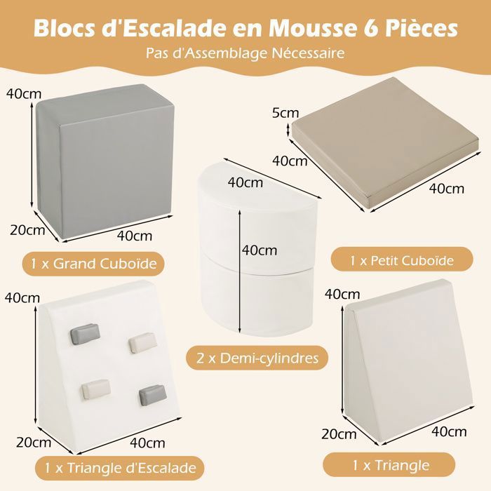 Parcours Motricité Bébé Mousse 6 Pièces – Escalade, Rampement, Housse PU, Attaches, 12 Mois+, Rangement Facile