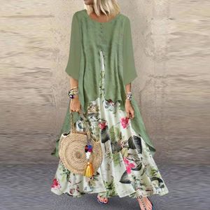 ROBE Femmes Vintage Print Patchwork O-Neck trois quarts grande taille robe longue vert 700