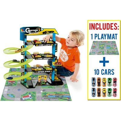 Parkeergarage met accessoires en speelkleed Parkeergarage met accessoires en speelkleed