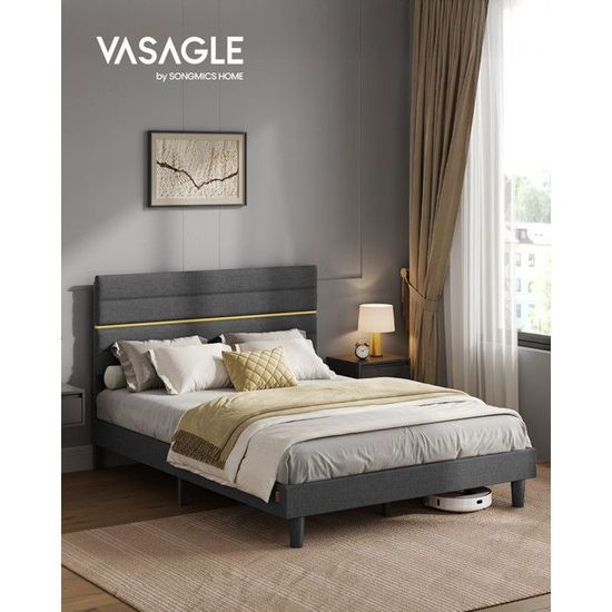 VASAGLELitDouble,CadredeLit,ConvientpourUnMatelasde140x190cm,TêtedeLitAjustable,enMétal,BoisMassif,Gris
