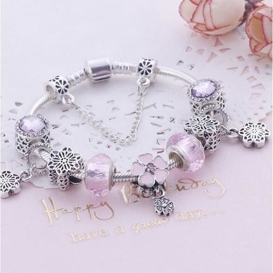 Bracelet Charms Femme Pandora Style - Fleur Rose - Oxyde de Zirconium - Métal Argenté