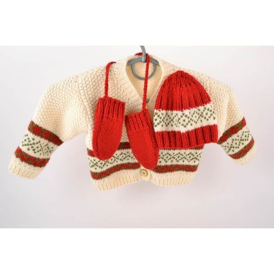 Ensemble De Tricot Pour Bebe Gilet Bonnet Moufles En Laine Fait Main Blanc Rouge Cdiscount Pret A Porter
