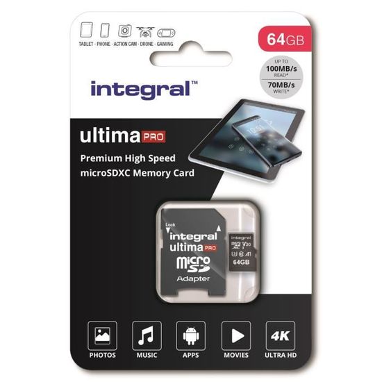 Carte mémoire microSDXC UHS-I INTEGRAL MEMORY Premium High Speed V30 UHS-I U3 64 Go
