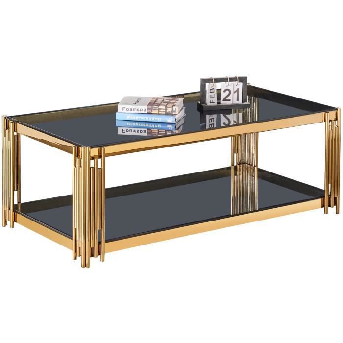 Table basse design en acier inoxydable poli doré et plateau en verre trempé anthracite L. 120 x P. 60 x H. 45 cm collection MILANO