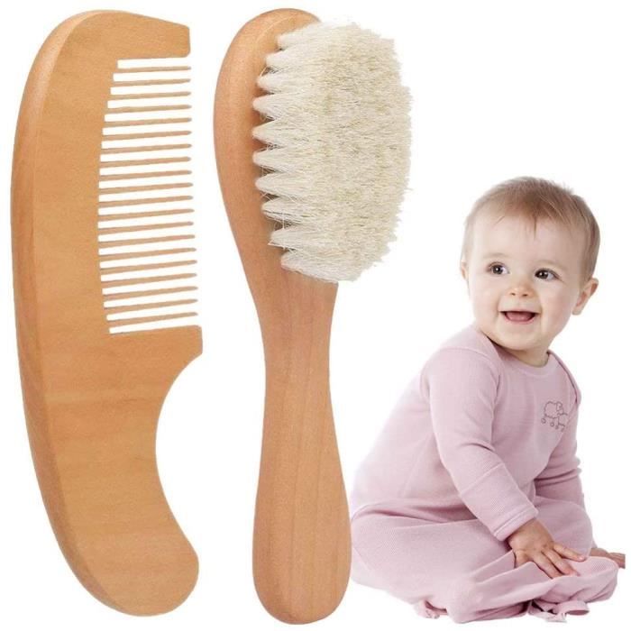 Trousse de soin bebe,2pcs Brosse à Cheveux et Peigne à Cheveux en Bois Naturel pour bébé, Brosse à Poils de chèvre Naturelle