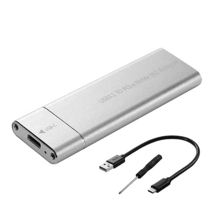 Clé USB3.1 Type-C à M.2 M Boîtier SSD NVMe SSD Box Boîtier de disque dur SSD Boîtier de disque dur haute vitesse 10 Gbps Silver