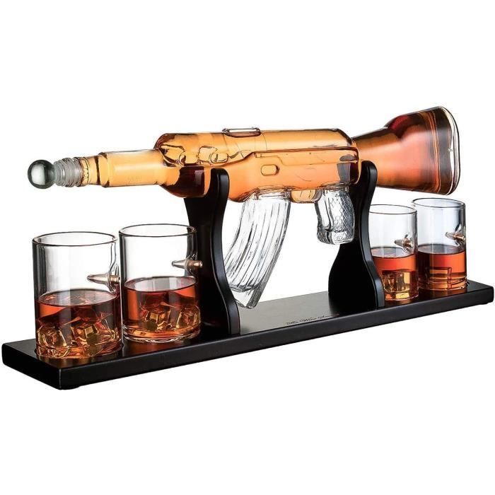 1000 ML M16 Gun Large Decanter Set Bullet Glasses, Carafe à Whisky élégante pour Fusil avec 4 Verres à Whisky Bullet et Base en Bois
