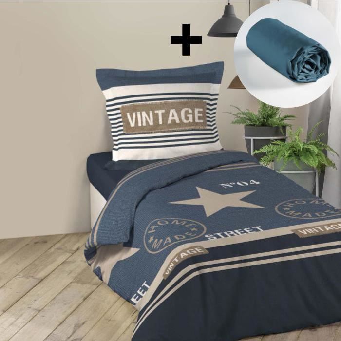 CDaffaires Pack parure de couette 140x200 cm 100% coton Freedom + drap housse 90x190 cm Bleu