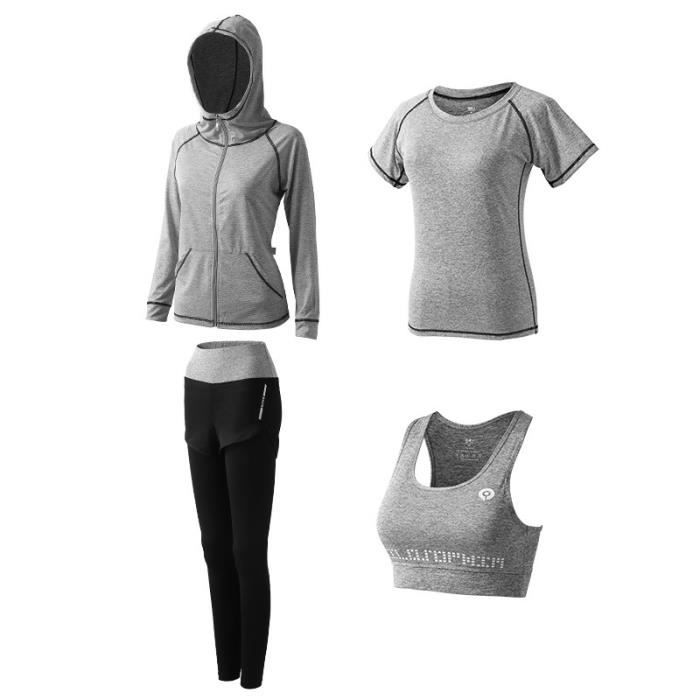 Ensemble de vêtements de sport femmes 4 pièces de Yoga(Soutien-gorge+T-shirt+Veste à capuche+Pantalon) Fitness Séchage rapide