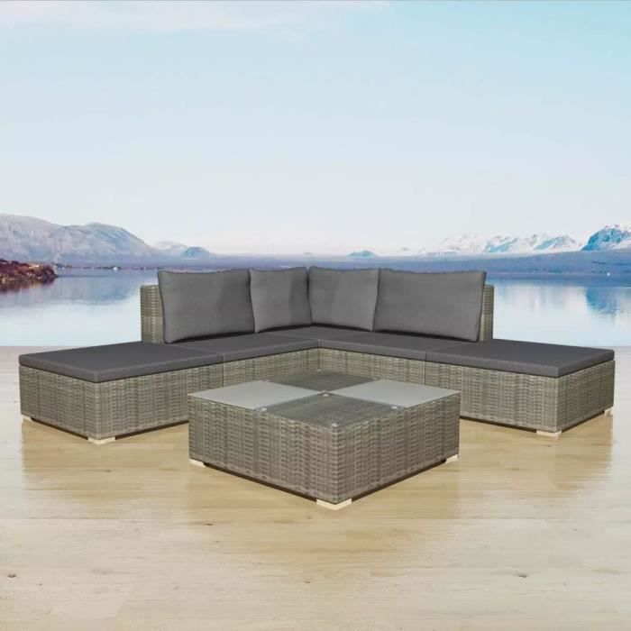 Jeu de canapé de jardin 15 pcs Gris Résine tressée Canapé-lit Confortable Canapé d’angle convertible
