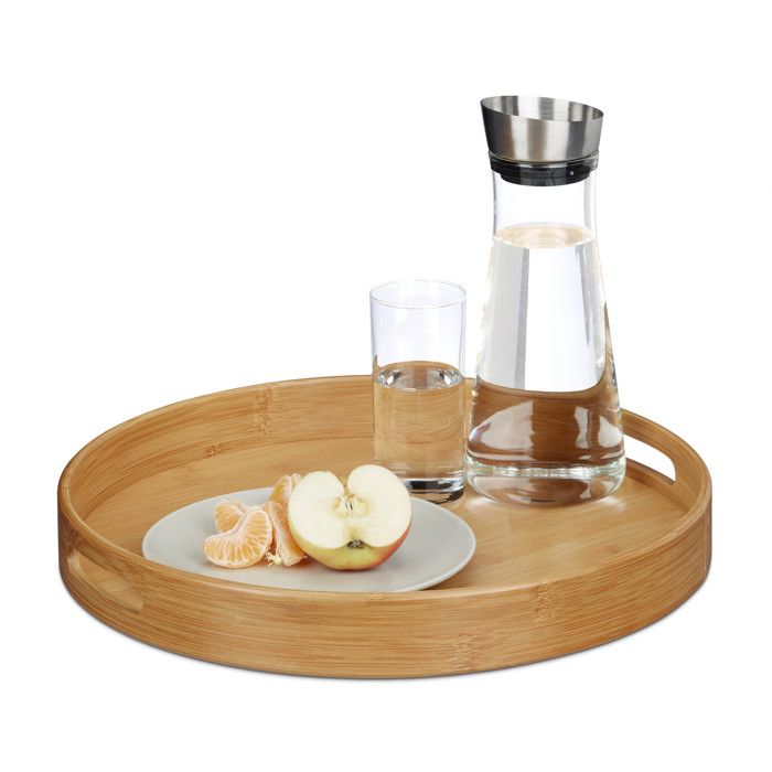 Relaxdays Plateau de service rond en bambou plateau repas transport poignées HxlxP: 5 x 38,5 x 38,5 cm apéritif bois, nature