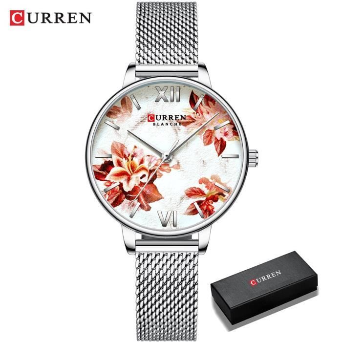 RUMOCOVO® Montre-bracelet en cuir pour femmes, Design floral, montre à Quartz, à la mode - Boîte blanche S-argent
