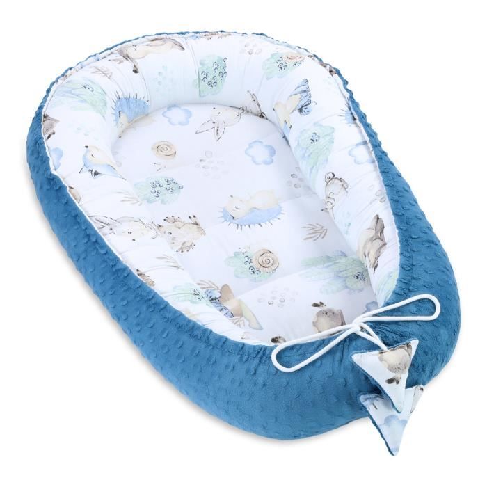 Réducteur Lit Bébé 90x50 cm - Matelas Cocoon Cale Bebe pour Lit Baby Nest Coton avec Minky Hérisson Bleu