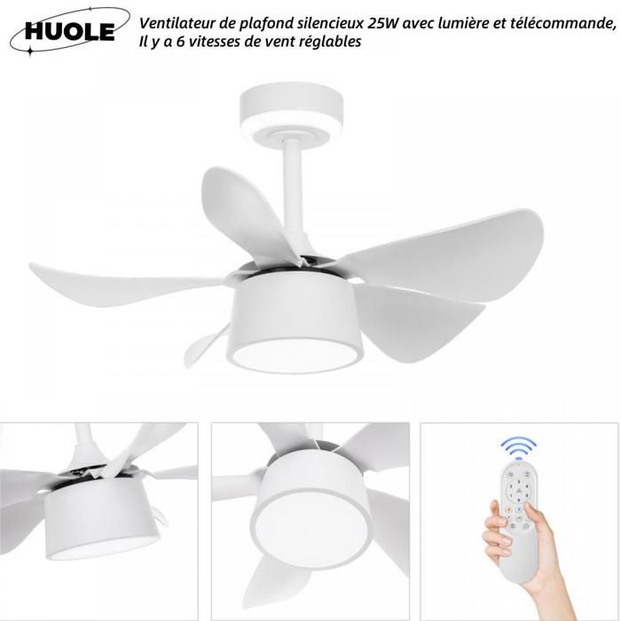 Produits chauds!!!Ventilateur de plafond en ABS silencieux de 25 watts avec lumière et télécommande 6 vitesses réglables.Blanc - Huole