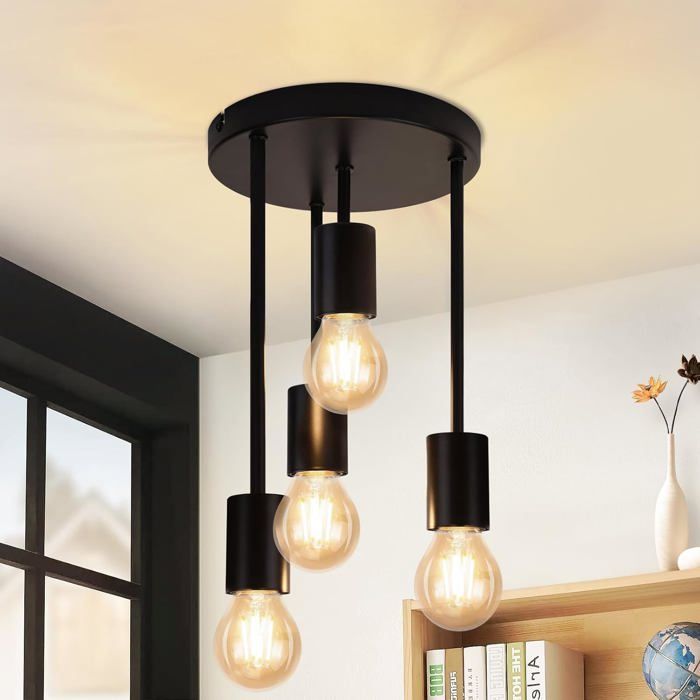 Homefire Plafonnier Vintage Plafonnier Noir - 4 Ampoules E27 Lampe de Cuisine Rétro Métal Suspendu Plafonnier Industriel Spots pour