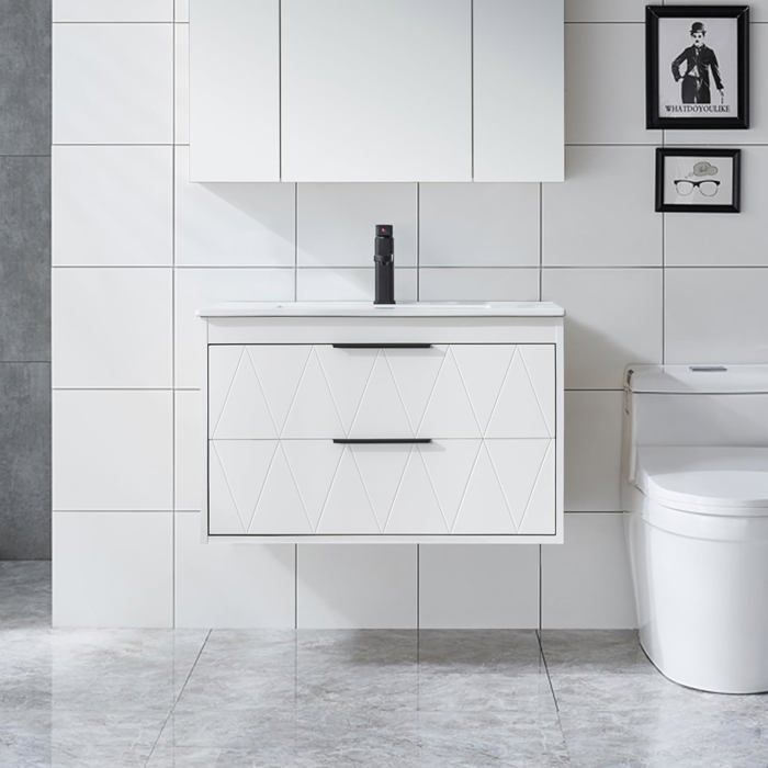 GOOBUY Meuble sous Lavabo Suspendu 75cm avec Lavabo en Céramique Robinet 2 Tiroirs Style Ligne Scandinave Blanc 75 x 45 x 46cm
