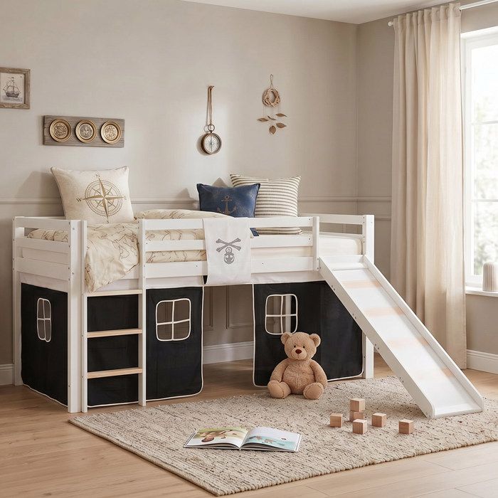 Lit mezzanine pour enfants 90 x 200 cm blanc avec rideau noir Toboggan Avec sommier à lattes Lit mezzanine pour enfants 90 x 200 cm blanc avec rideau noir Toboggan Avec sommier à lattes