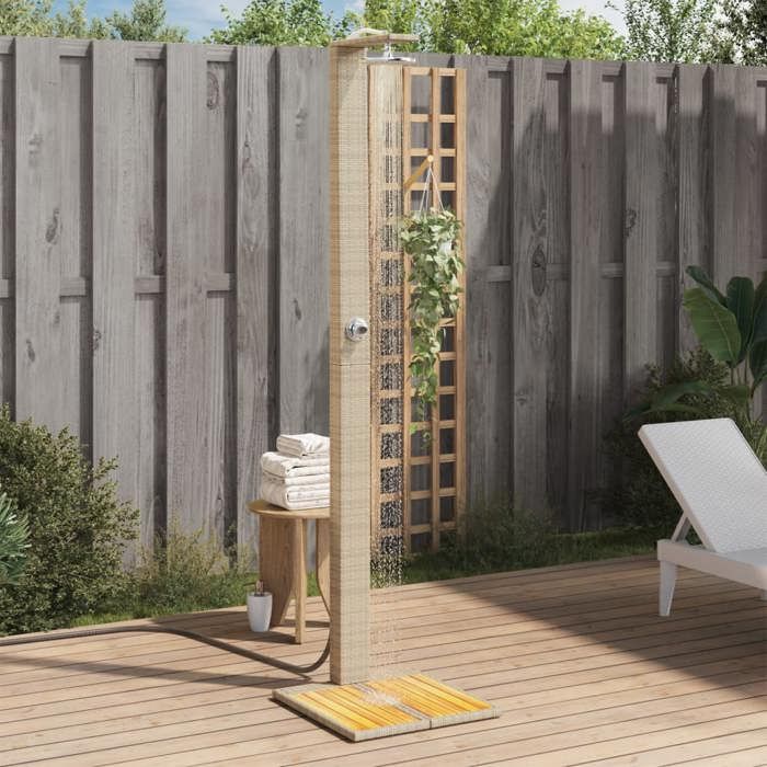 Douche D'extérieur VidaXL - Résine Tressée Noire, Bois D'acacia, Poignée Rotative - Autoportante, Pour Piscine Et Jardin