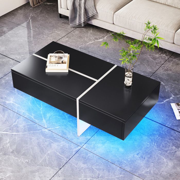 Table Basse 100x50x34.5cm avec Led Table Basse avec Structure en Imitation de Marbre et 3 Tiroirs Convient Pour Le Salon Noir