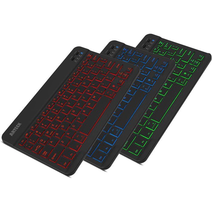 Clavier sans fil Bluetooth 3.0 universel fin et portable rétroéclairé 7 couleurs avec batterie rechargeable intégrée noir