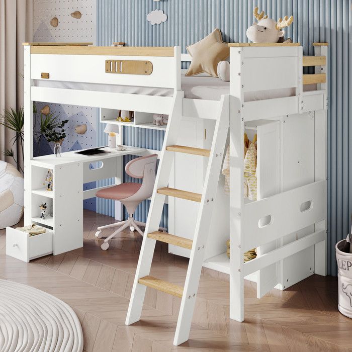 Lit Mezzanine Enfant 90X200 cm avec Barrière de Sécurité Lit Simple avec Table et Armoire Pin+MDF+Contreplaqué Blanc + Naturel