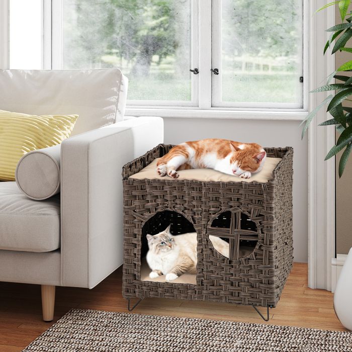 COSTWAY Maison pour Chat Intérieur à 2 Niveaux Pliable Cadre en Rotin PE Perchoir Élevé Coussins Amovibles 50 5 x 45 x 50 cm COSTWAY Maison pour Chat Intérieur à 2 Niveaux Pliable Cadre en Rotin PE Perchoir Élevé Coussins Amovibles 50 5 x 45 x 50 cm