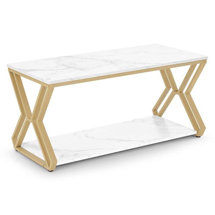 BarberPub Table basse dorée table dappoint avec 2 tablettes table de salon en bois table de salon moderne en métal 2196
