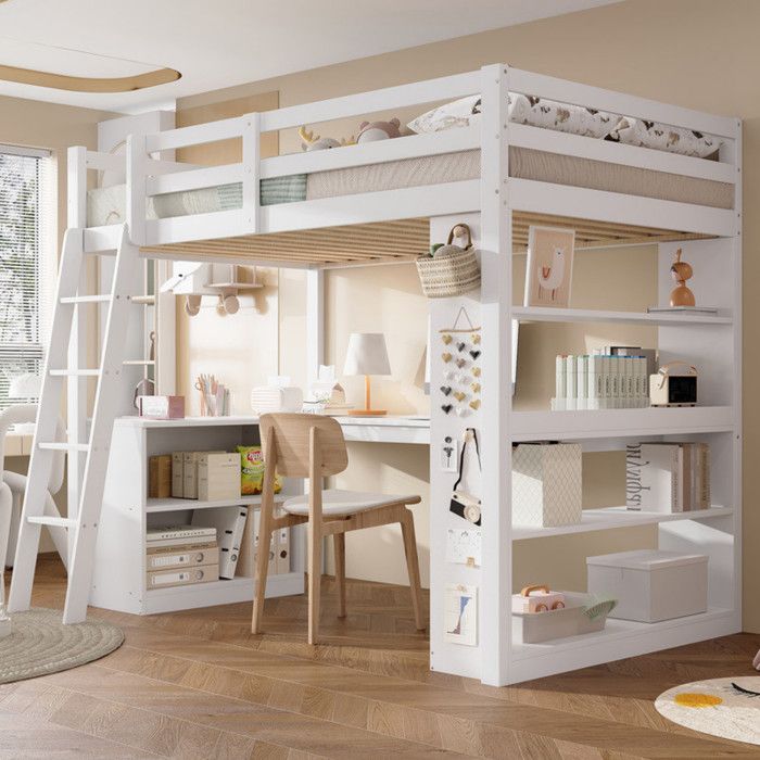 Lit Mezzanine 90x200 cm avec Rangement lit 1 personne Lit Enfant avec BarrièRe de SéCurité Blanc