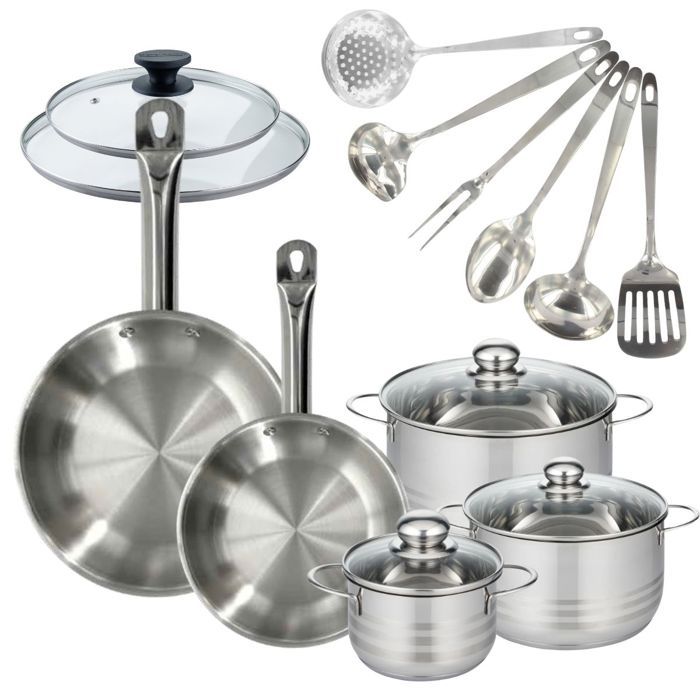Batterie de cuisine 2 poêles 24/28 cm et couvercles 3 faitouts 16/20/24 cm et 6 ustensiles Fackelmann Eterna Batterie de cuisine 2 poêles 24/28 cm et couvercles 3 faitouts 16/20/24 cm et 6 ustensiles Fackelmann Eterna