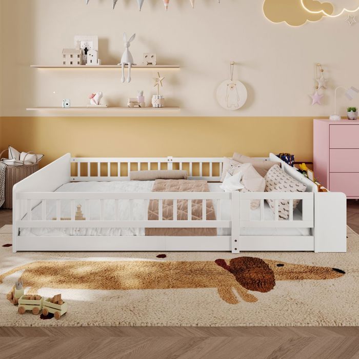 Lit combiné enfant - SOGEU - 140x200 - Bois massif pin - Rangement intégré - Barrière amovible
