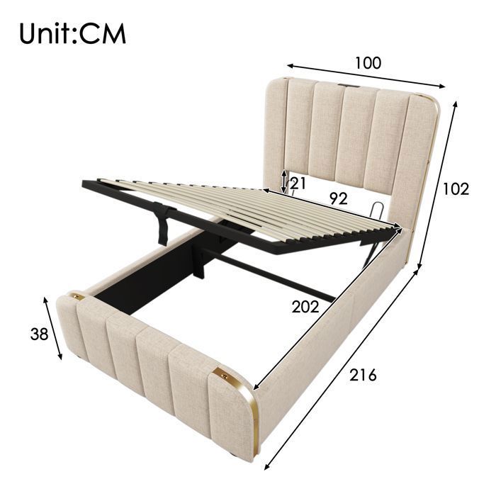 Cadre de Lit 90x200cm Lit Simple Lit 1 Place Lit de Rangement avec Rayures Dorées Chargement USB - Lin Beige