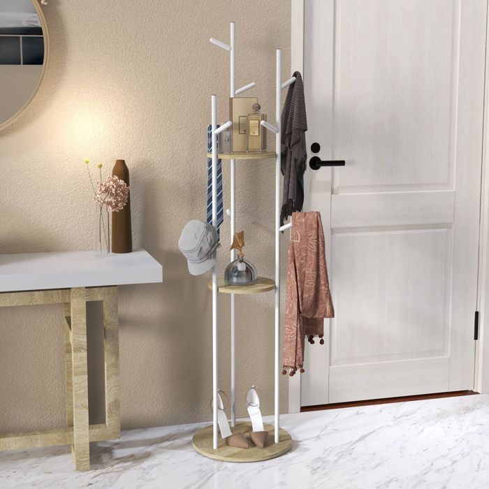 Porte-manteaux sur pied meuble dentrée en acier avec 9 crochets et 2 étagères rondes Ø 40 x 167 cm naturel et blanc