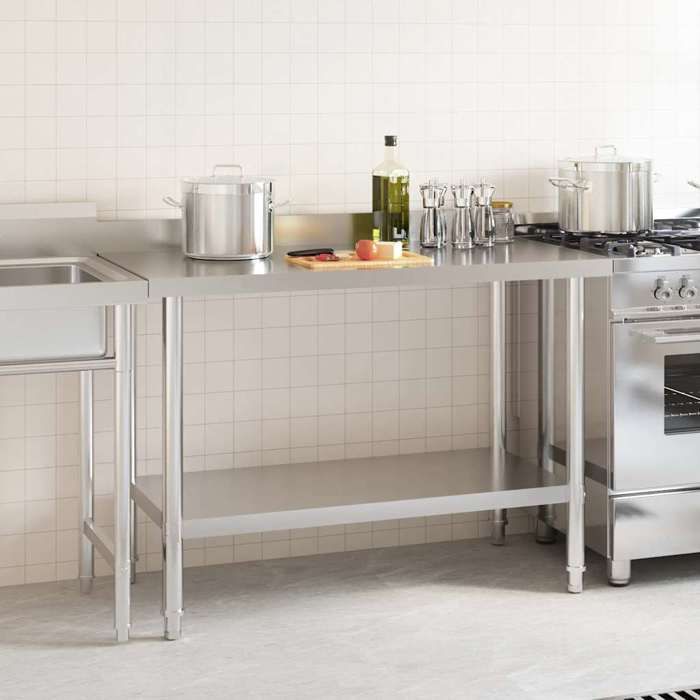 Table de travail de cuisine - vidaXL - 120x60x93 cm - Inox - Dosseret intégré - Étagère de rangement - Pieds réglables