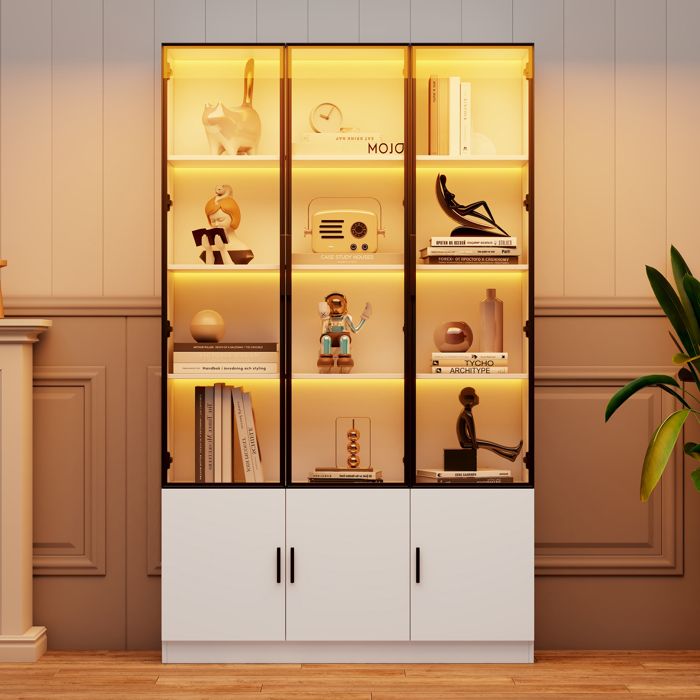 Vitrine LED Blanche 120x32x200 cm Armoire Haute avec 6 Portes en Verre et Éclairage LED Intégré