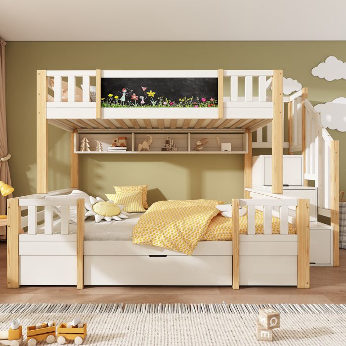 Lit superposé - 3 places 90x200+140x200 - Bois massif - Escalier-placard & tiroirs - Tableau ardoise