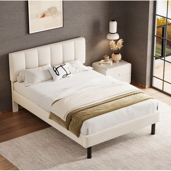 Lit adulte rembourré 140x190 cm. avec sommier à lattes et tête de lit. 4 pieds de support. sans matelas. beige