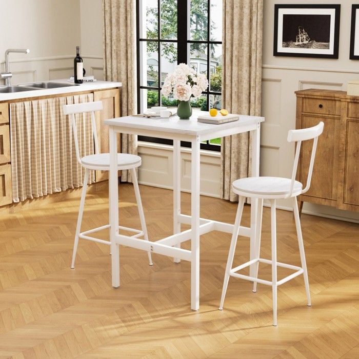 Ensemble table de bar industrielle blanche + 2 tabourets repose-pieds métal table à manger 60x60x92 cm salon salle à manger