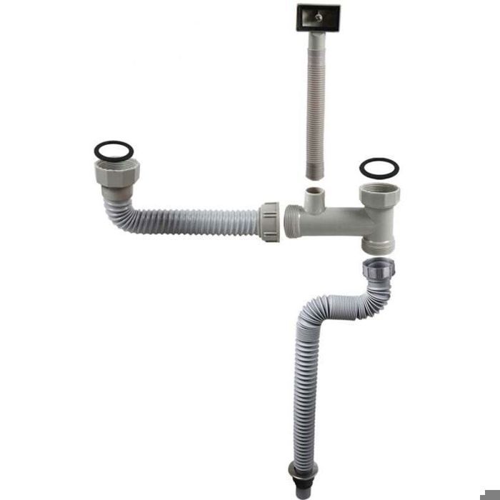Tuyau dévacuation double pour évier - PZCC - Télescopique 320-830 mm - Raccord fileté 5 cm - Ø36 mm - Bouchon anti-cafard