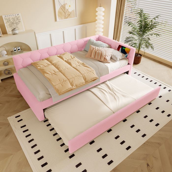 Lit Gigogne 90x200 cm avec Lit Tiroir et Lampe Intégrée Fonction 2 Couchages et Ports USB Type C Sans Matelas Rose