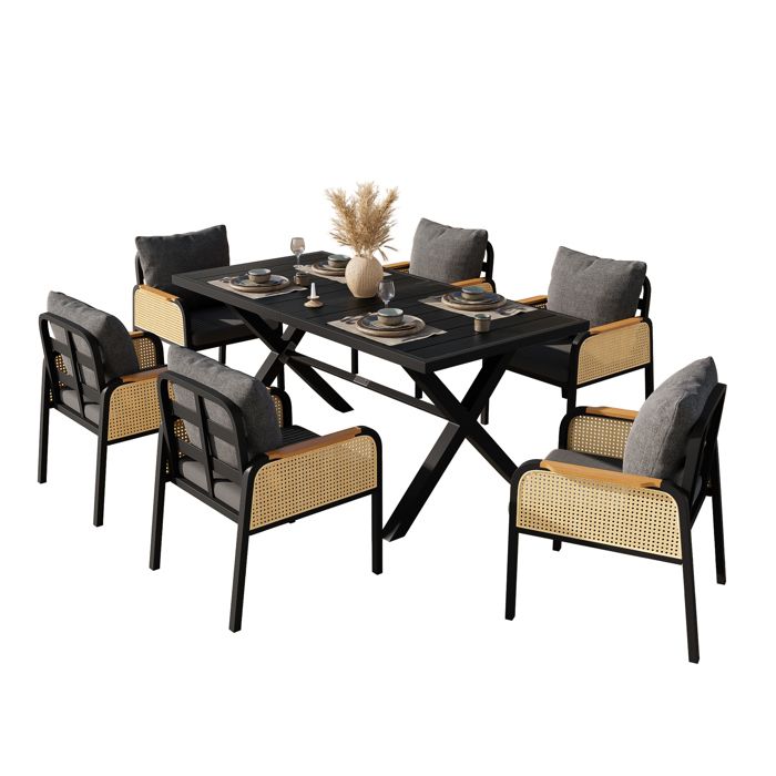 VLIVRA Ensemble Table et 6 Chaises de Jardin avec Coussins - Pour Terrasse et Balcon - Fer et Polyester - Noir et Naturel
