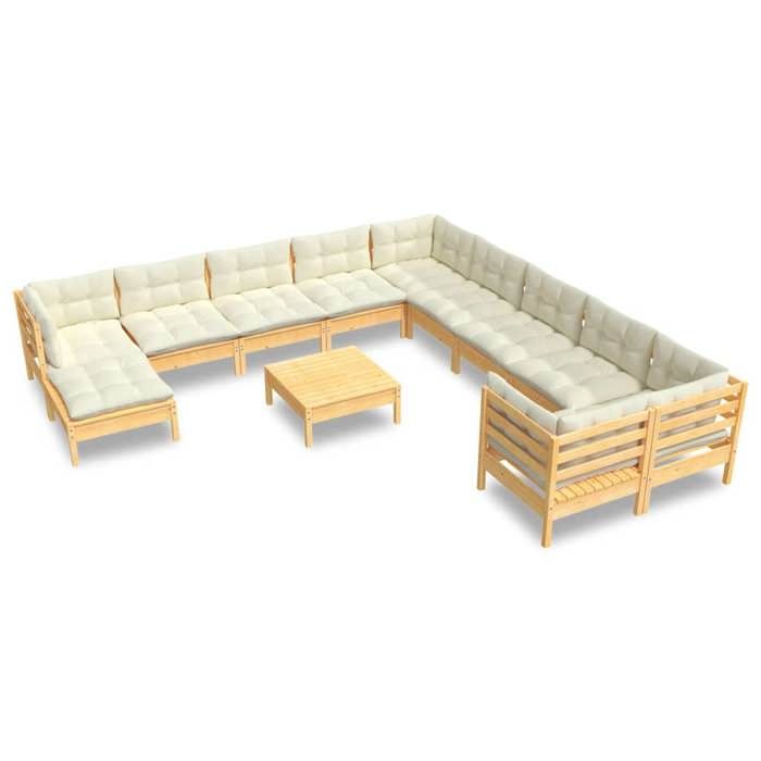 Salon de jardin - Maison Exclusive - Modulaire - Bois de pin massif - 12 places - Coussins crème