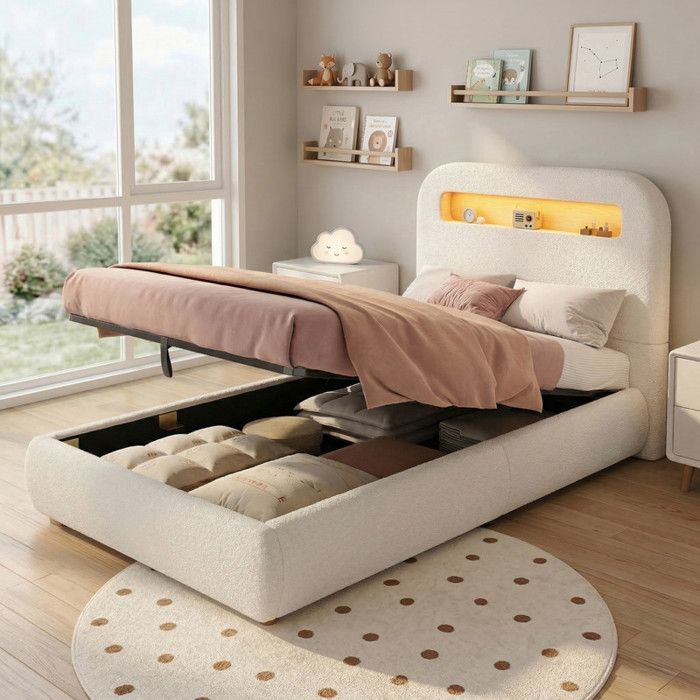 Lit enfant rembourré 90x200 cm Lit coffre hydraulique Lit capitonné en bouclé avec éclairage LED et sommier à lattes - blanc
