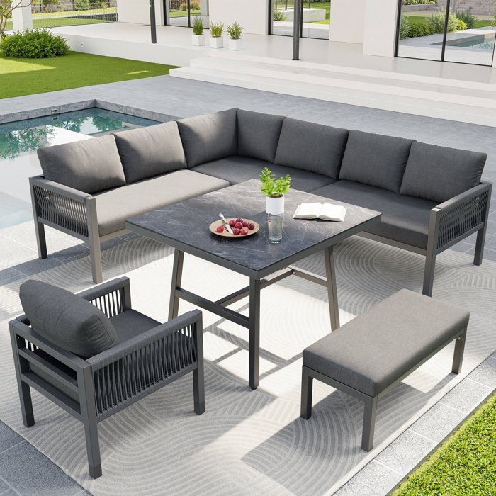Canapé de jardin 8 personnesforme de tissé à la mainstructure en fer massifCoussin grisavec 1 table et 1 fauteuil et un tabouret
