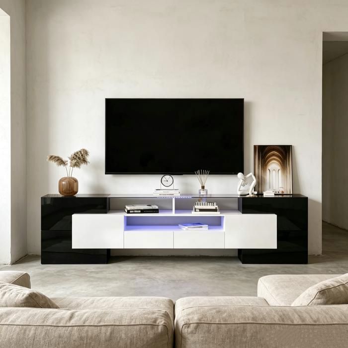Meuble TV 200x60x30 cm  avec éclairage LED Commode avec Beaucoup despace de Rangement avec Surfaces en Verre Blanc et Noir