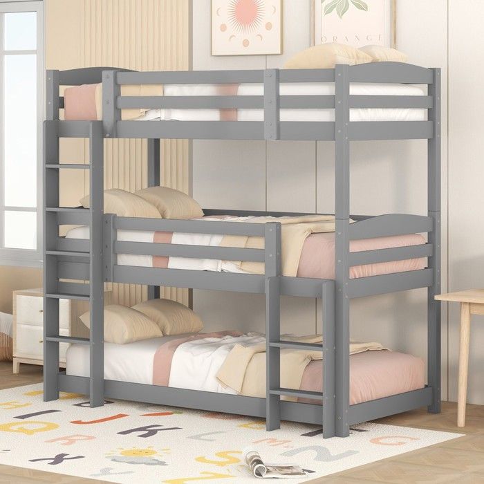 Lit superposé triple - Pin gris 90x200 - 3 couchages - Lattes bois massif - Modulable séparés