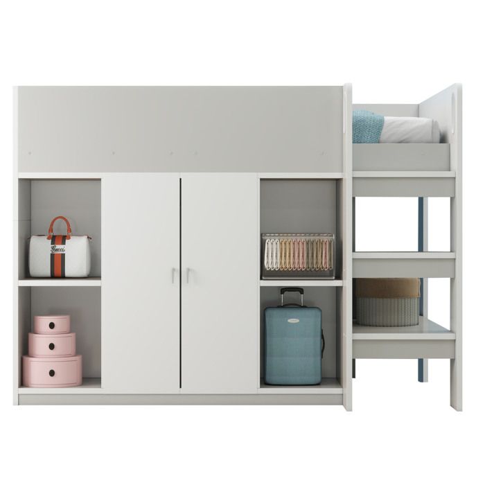 Hochbett 90x200 cm avec grand espace de rangement armoire et étagères lit enfant avec échelle solide gris
