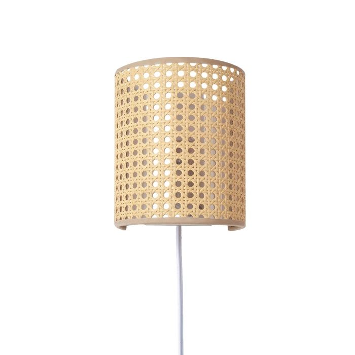 Applique Murale Bohème E27 avec Prise et Interrupteur – Lampe SUKI en Rotin Beige Naturel pour Chambre ou Salon